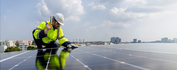 Engineer working setup Solar panel at the roof top. Engineer or worker work on solar panels or...