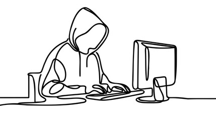 One continuous line of a Computer Hacker. Thin Line Illustration vector concept. Contour Drawing Creative ideas