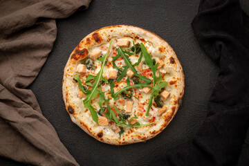Oven pizza with salmon and salmon, mozzarella, parmesan