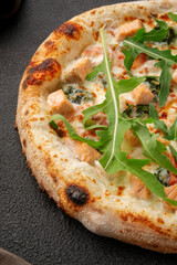 Oven pizza with salmon and salmon, mozzarella, parmesan