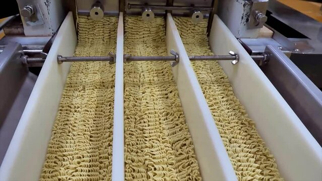 Noodle conveyor. Production line. Automated food factory. Production of instant noodles. Fast food. Noodle factory. Macaroni factory.