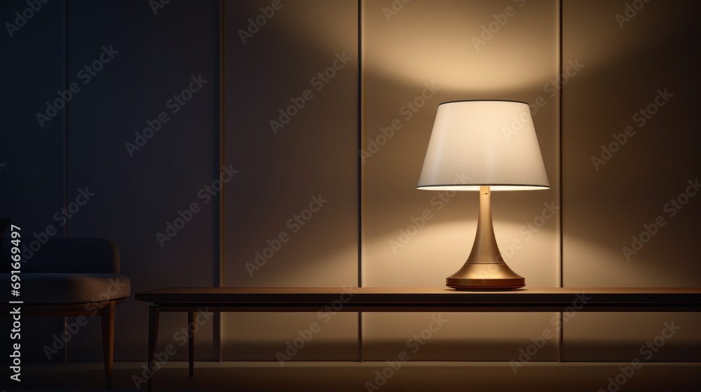 Poster a lamp sitting on top of a wooden table next to a lamp on top of a wooden table with a white shade o