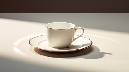  a white coffee cup sitting on top of a saucer next to a white plate with a shadow of a person's shadow on the side of the table.