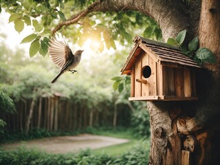 a bird flying towards its wooden house