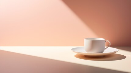  a white coffee cup sitting on top of a saucer on top of a white plate with a shadow of a light coming through the top of the coffee cup.