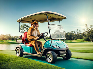 a monkey driving a golf cart.
