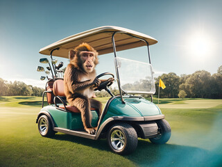a monkey driving a golf cart.