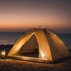 Beige Camping Tent illuminated by lanterns with the sea in the background