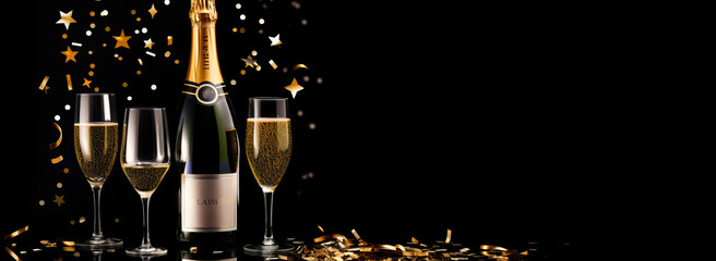 New Year's eve celebration banner with champagne glasses and golden confetti on black background