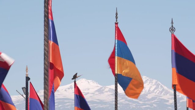 Armenian flag military cementary. Nagorno-karabakh conflict, Azerbaijan war. Artsakh symbol on Erablur memorial graveyard, patriotism in Yerevan. Dead soldiers graves. Hayastan armed forces. Aragats.