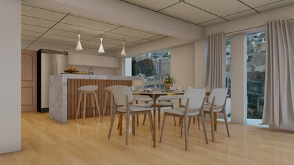 Minimalist dining room and kitchen made of wood and fabrics, with spectacular exterior spaces and views