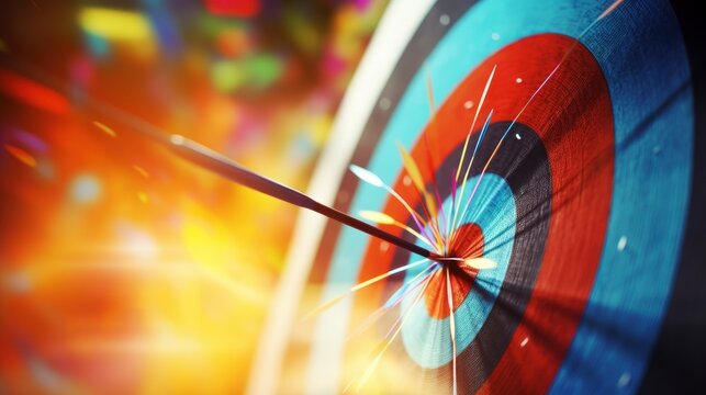  a close up of a dart hitting in the center of a target with a blurry background of the dart hitting in the center of the center of the target.