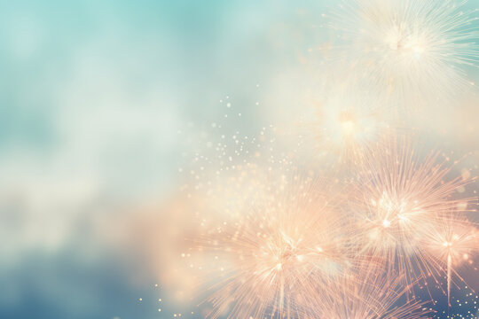 New Years Eve Celebrations, with vibrant Multicolored Fireworks Display Against Dark Backdrop. Gold fireworks on dark blue and bokeh background