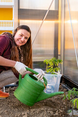 A young woman waters tomato seedlings in a greenhouse