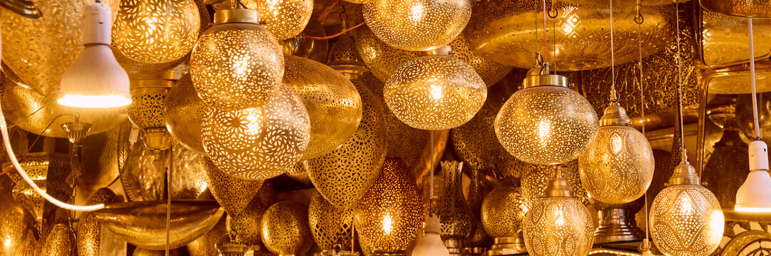 Shaining moroccan metal lamps in the shop in medina of Marrakech, Morocco