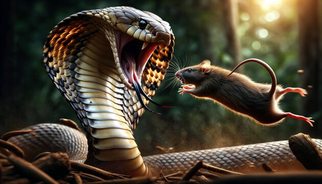 Cobra or Indian cobra or Naja naja or spectacled cobra or Asian cobra or binocellate snake. Poisonous snake Cobra with its mouth open and its tongue out hunting a rat. Generative Ai