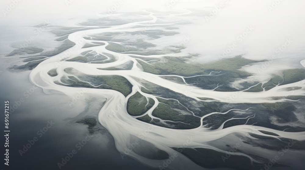 Poster an aerial view of a river in the middle of a land area with a river running through the middle of th