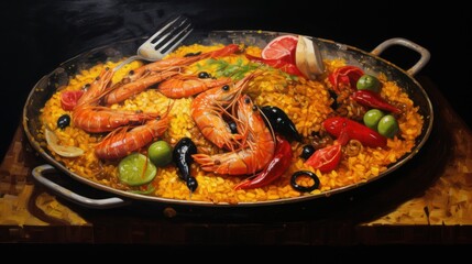  a pan of food with shrimp, rice, olives, peppers, and olives on a wooden table next to a fork and a knife and a fork.