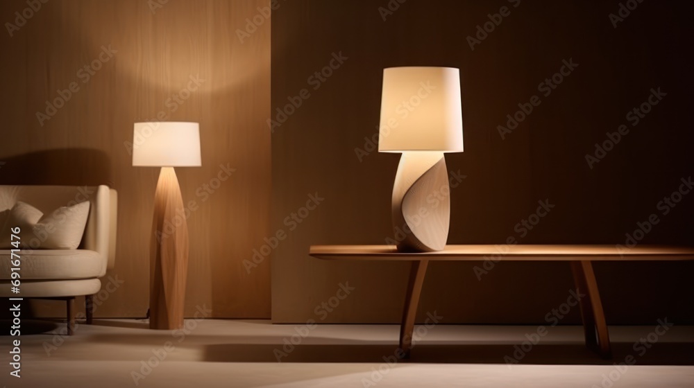 Poster a table with a lamp on it next to a chair and a table with a lamp on it next to a chair and a table 