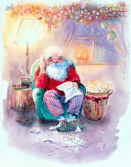 Santa Claus reads letters with requests from children in his room. Illustration painted with watercolors - 691671605