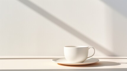  a white coffee cup sitting on top of a saucer on top of a white counter next to a shadow of a wall and a light coming through a window.