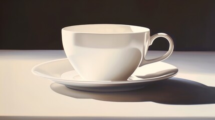  a painting of a white coffee cup and saucer on a white table with a shadow of the coffee cup and saucer on the side of the coffee cup.