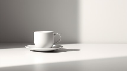  a white coffee cup sitting on top of a saucer on top of a white table next to a shadow of a wall and a white wall in the background.