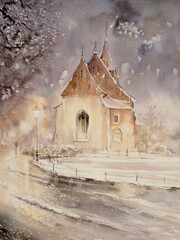 Church of St. Cross in Krakow near national theater in a winter evening scenery. A picture painted with watercolors. - 691671832