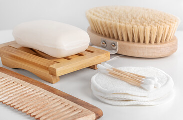 Zero waste hygiene products, sustainable bathroom and eco-friendly lifestyle. Wooden body brush and...