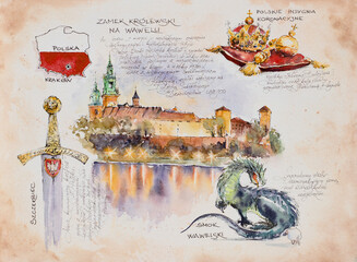 The royal castle on Wawel Hill in Krakow, Poland and details related to this castle. A card with polish descriptions made with watercolors and ink. - 691671866