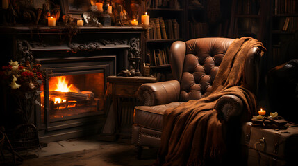 old-fashioned chair by a fireplace, with blanket - obrazy, fototapety, plakaty
