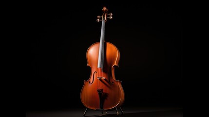 a violin sitting on top of a stand in the middle of a dark room with its back turned to the camera and the strings still attached to the side of the cello.