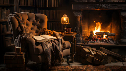 old-fashioned chair by a fireplace, with blanket - obrazy, fototapety, plakaty