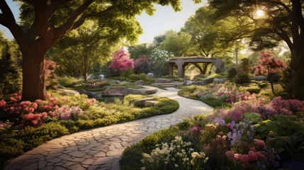 Tuinposter  a painting of a garden with a stone path leading to a gazebo and a gazebo in the distance with trees, shrubs, and flowers, and rocks. © Olga