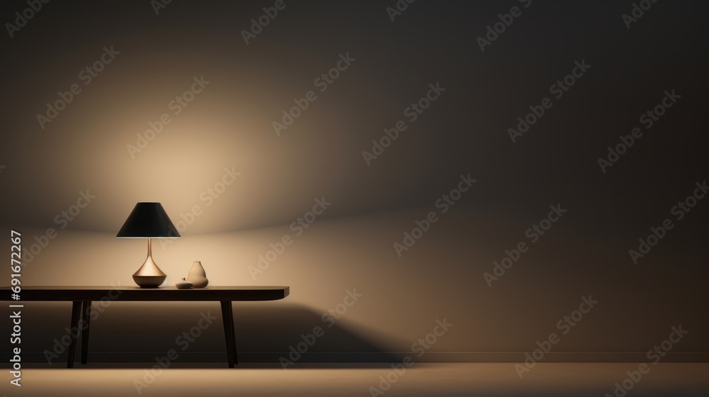 Poster a table with a lamp on top of it next to a table with two vases on top of it and a table lamp on the