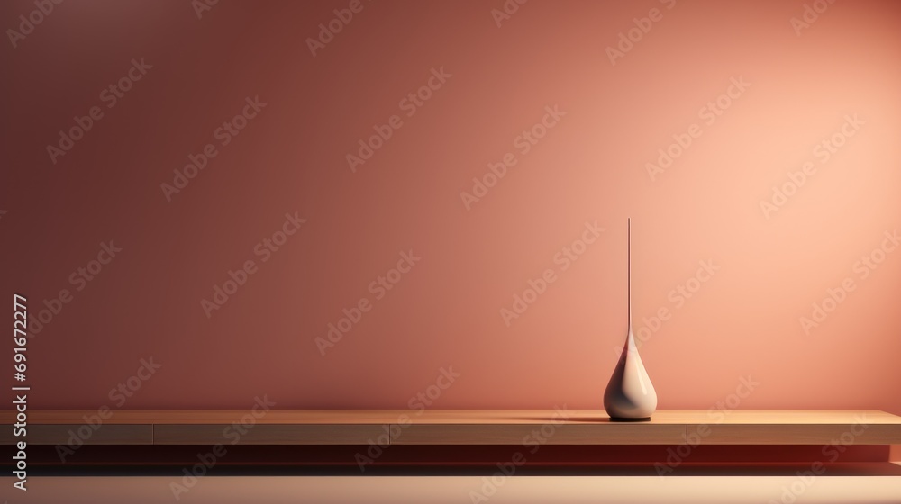 Poster a white vase sitting on top of a wooden table in front of a red wall with a light coming in from the