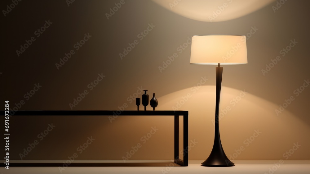 Aufkleber  a lamp sitting on top of a table next to a table with a lamp on top of it and two vases on the side of the table next to it.