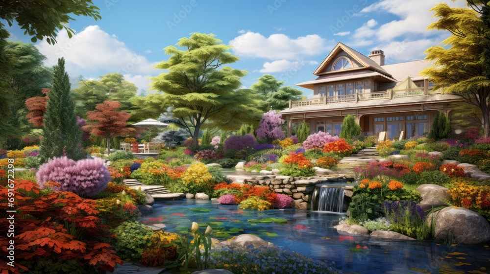 Poster a painting of a garden with a house in the background and a stream running through the center of the