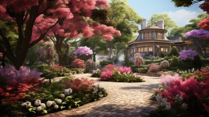  a painting of a house in the middle of a garden with pink and white flowers on the ground and a brick path leading to the front of the house and trees.