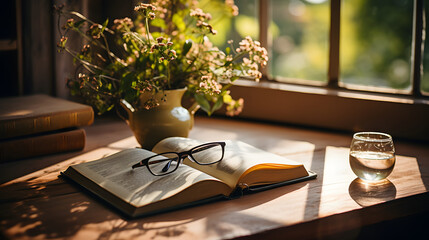 open book on a vintage wooden table, with reading glasses - obrazy, fototapety, plakaty