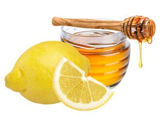 Lemon and honey isolated on white background. Natural remedy for cold, cough and sore throat