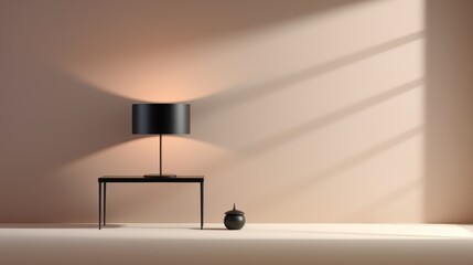  a room with a lamp and a table with a vase on it and a shadow of a lamp on the wall and a floor lamp in the corner of the room.