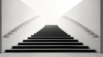  a set of black and white stairs leading up into a white room with light coming in from the ceiling and a skylight at the top of the staircases.