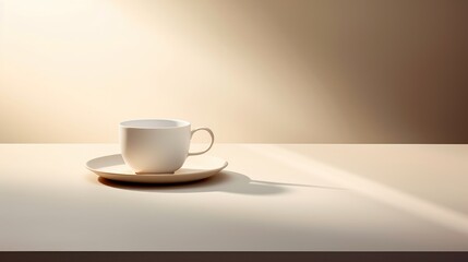  a white coffee cup sitting on top of a saucer on top of a white table next to a cup of coffee on top of a saucer on a saucer.