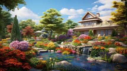  a painting of a garden with a house in the background and a stream running through the center of the garden, surrounded by colorful flowers, trees, shrubs, and rocks, and a pond.