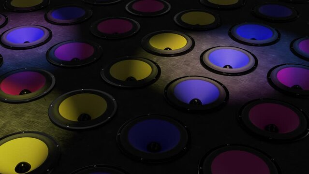 Dance floor with colorful loudspeakers in the light of multicolored spotlights. Blue, pink and yellow sound speakers shaking with melody and rhythm of disco music. Loop animation of the night club.