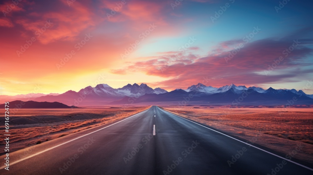 Poster a long stretch of road in the middle of a desert with a mountain range in the background and a pink 