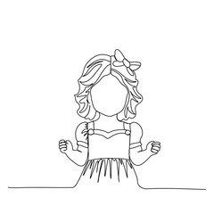 Little girl in a beautiful dress one line drawing vector illustration.