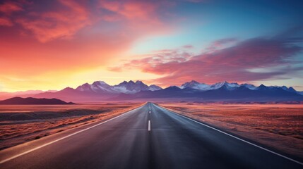  a long stretch of road in the middle of a desert with a mountain range in the background and a pink and blue sky with a few clouds in the foreground. - obrazy, fototapety, plakaty