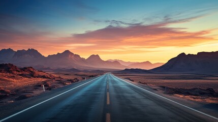  a long road in the middle of a desert with a mountain range in the background and a sunset in the middle of the road in the middle of the middle of the picture. - obrazy, fototapety, plakaty